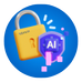 a blue button with a lock and a key on it, emphasizing AI protection